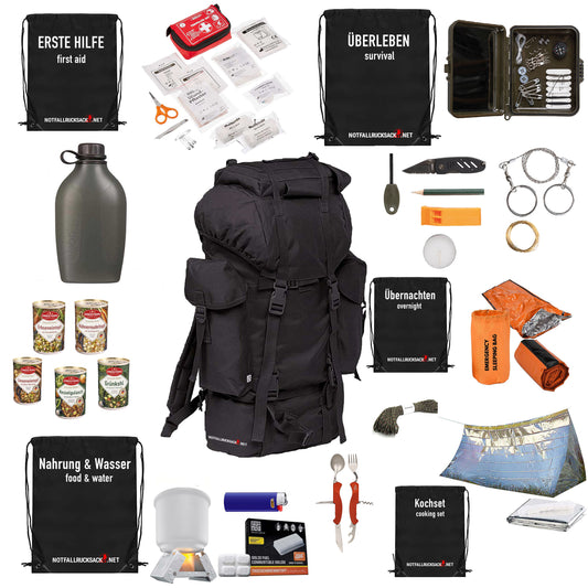 Emergency backpack basic - including food, sleeping, first aid