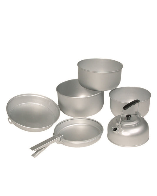 Cooking set including 3 pots, pan and tea kettle