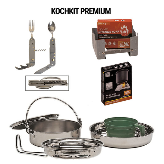 Koch Kit - Camping Starter Kit Food mit Geschirr Set, Klappkocher mit Brennstoff, Messer mit Besteck