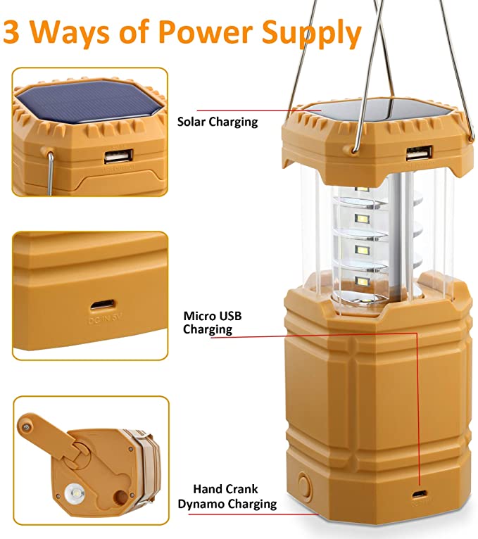 Solar Camping Handkurbel Laterne, Tragbare Ultrahelle LED-Taschenlampe mit Akku