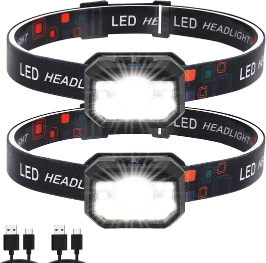Set van 2 oplaadbare LED-hoofdlampen, 2000 lumen met 11 modi en sensor, IPX4 waterdicht