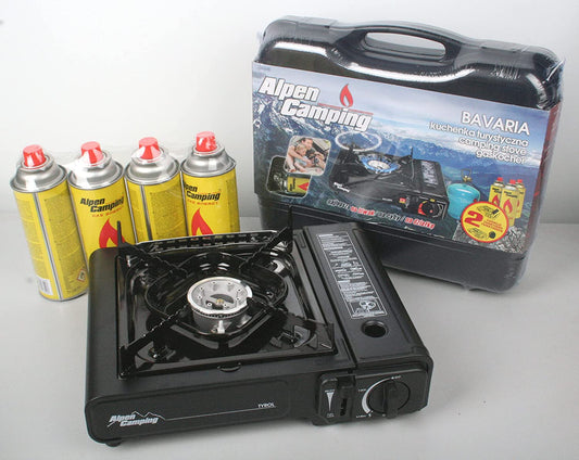 Gas cooker with four gas cartridges and practical case