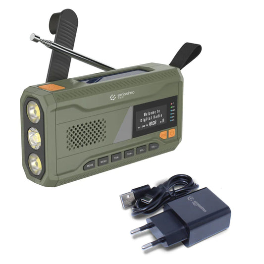ACE mini nødradio med DAB+, krank og solenergi, powerbank, lommelygte og USB-C port