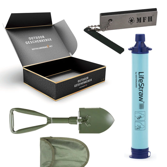Outdoor gift box basic including fire steel, folding spade, water filter, challenge list