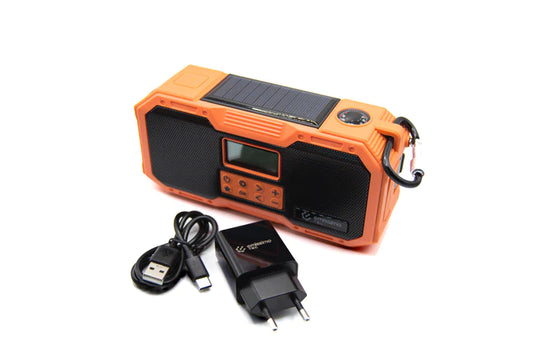 Orange ACE nødradio med DAB/DAB+, krankradio, solcelledrift, powerbank og lommelygte med USB-C port