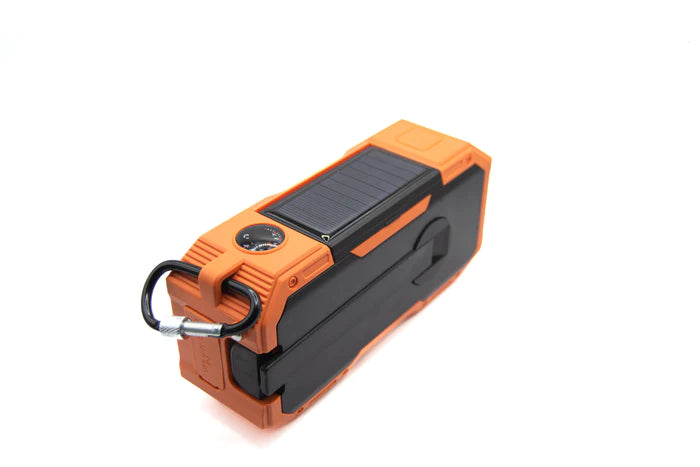 Oransje ACE nødradio med DAB/DAB+, krankradio, solcelledrevet, strømbank og lommelykt med USB-C tilkobling