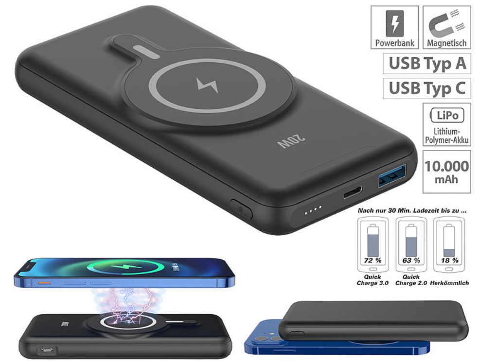 magnetische Powerbank - wireless - Notpowerbank - 20W - Notstrom/Notenergie - Induktionsladung - Powerstation - Qi-& MagSafe-kompatibel