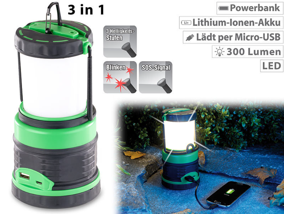 3 in 1 Licht : Laterne, Deckenlicht und Powerbank - Notstrom/Notlicht - Notstromquelle -  3600 mAh - LED - Campinglicht/Campinglaterne - Akku/Notakku - USB - Notpowerbank - Powerstation