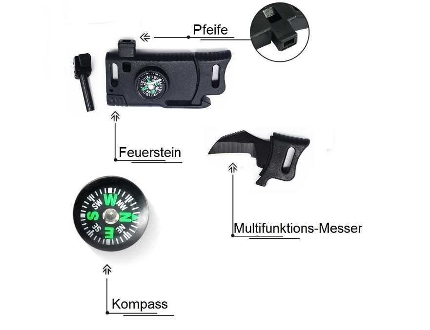 Multifunktionales Notfall-Armband mit Messer, Signalpfeife, Kompass und Feuerstein - Survival-Armband - Notarmband - Notorientierung/Notfeuer - Outdoor-Armband - schwarz