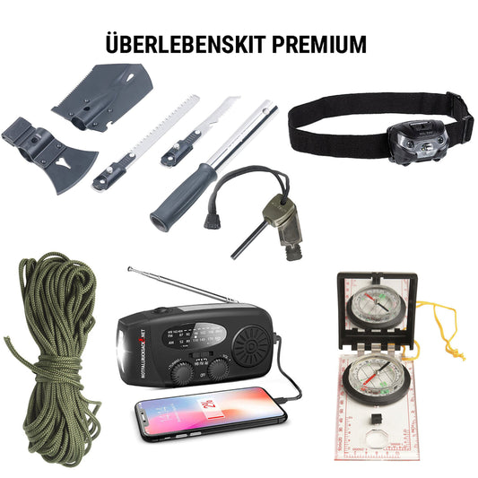 Überlebenskit Premium - Axt, Säge, Spaten, Kurbelradio, Kopflampe, Kompass, Feuerstahl, Paracord
