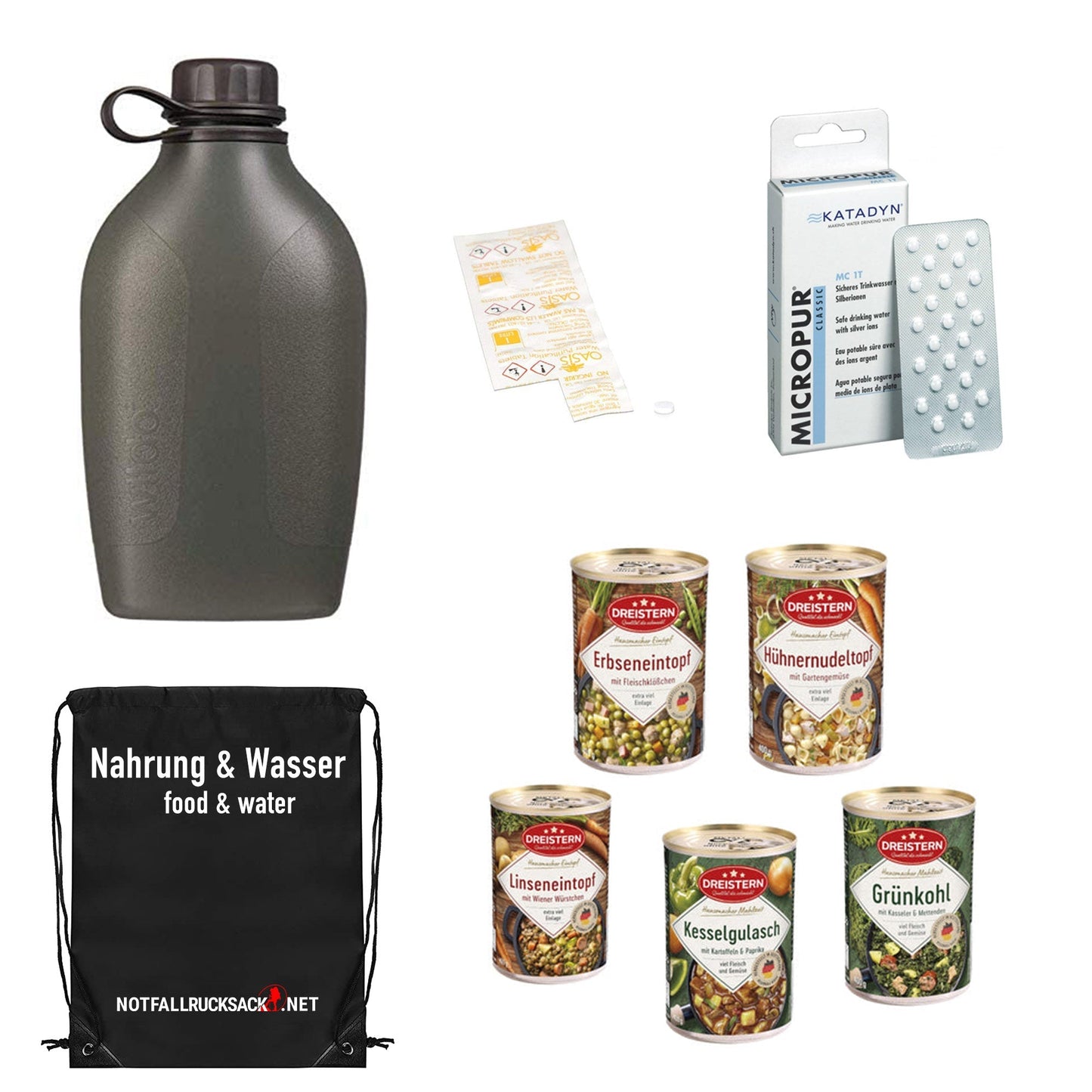 Survival pack backpack filled - including food, sleeping, first aid -