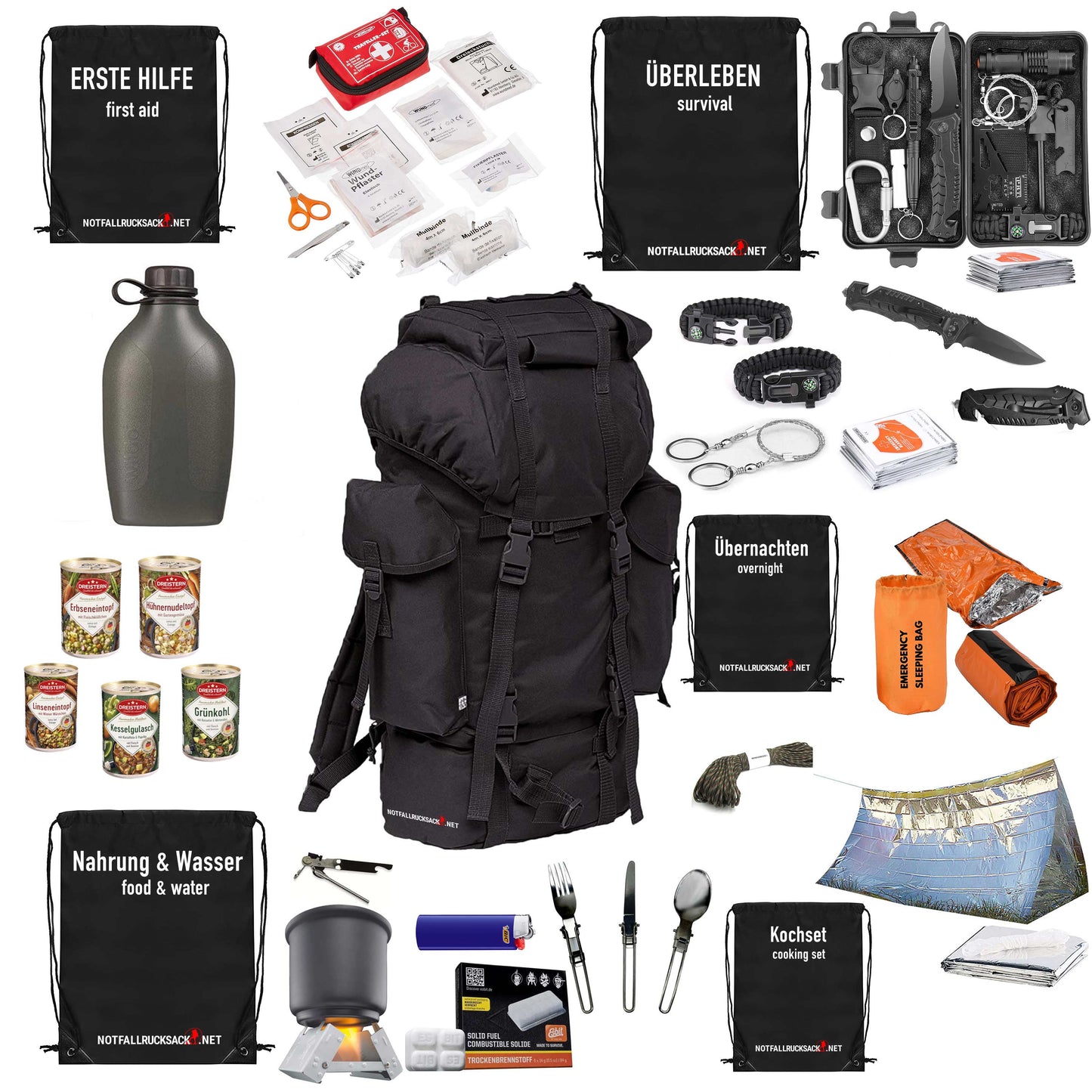 Survival pack backpack filled - including food, sleeping, first aid -