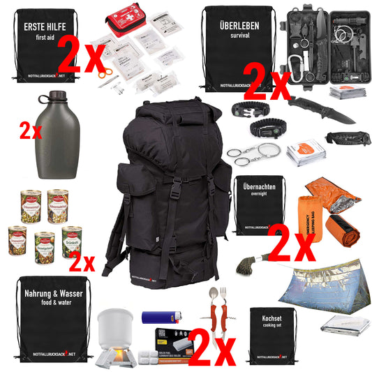 Emergency backpack for 2 people - twice the content - incl. food, sleeping, first aid escape backpack twice