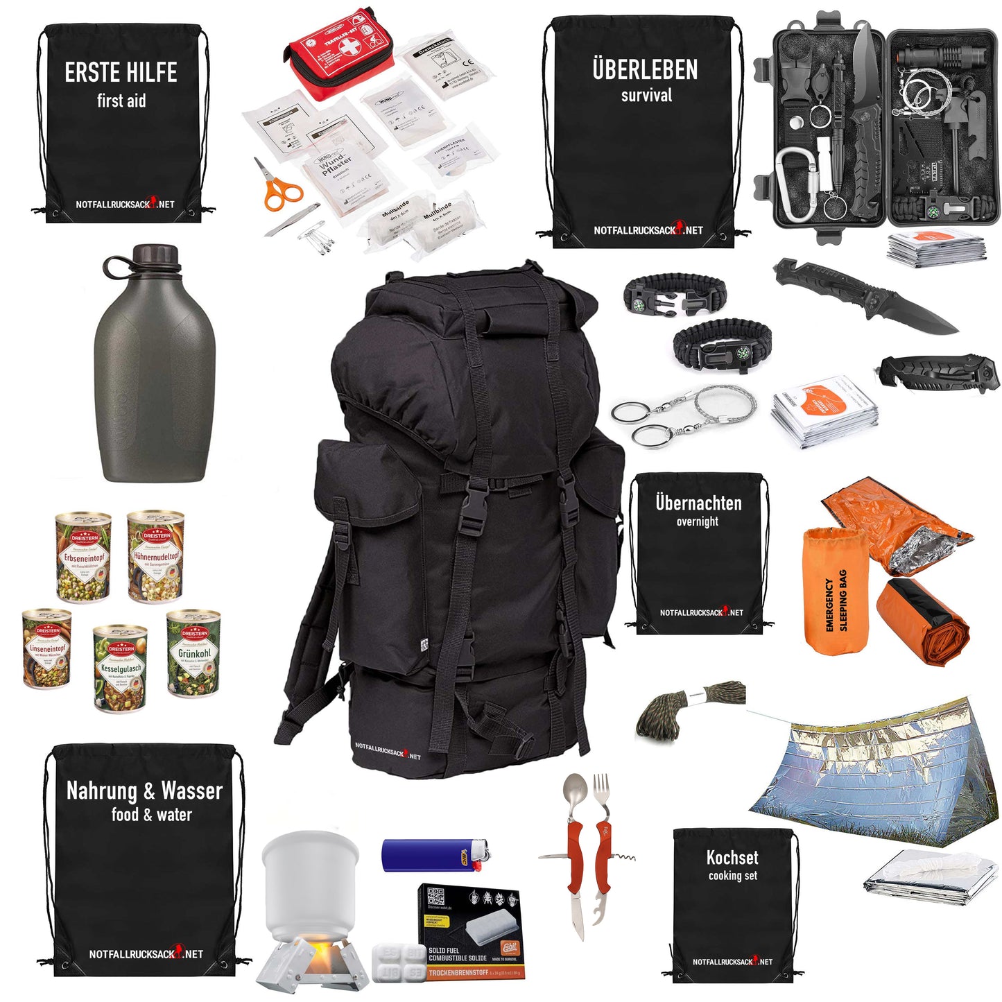 Emergency backpack basic - including food, sleeping, first aid