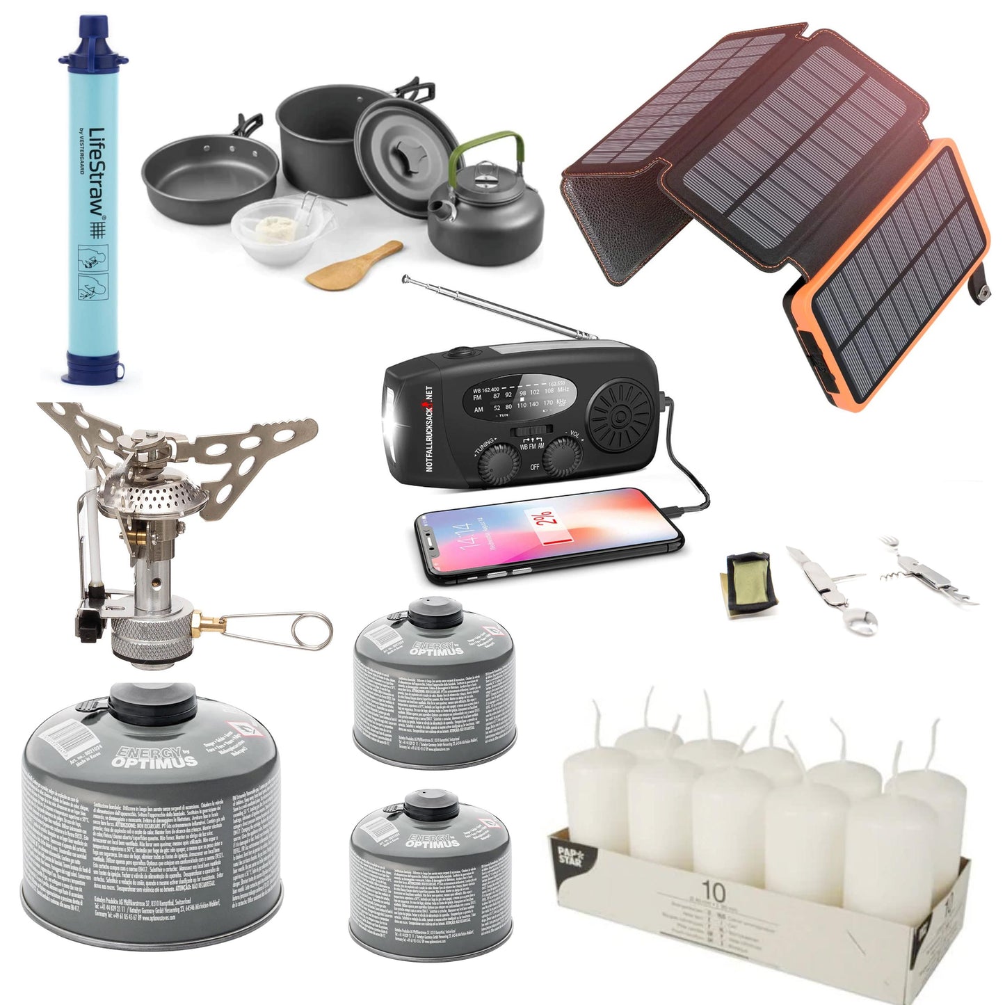 Stromausfallpaket Premium Blackout kit - mit Gaskocher, Kochset, Besteck, Solarpowerbank Wasserfilter Kerzen u.v.m