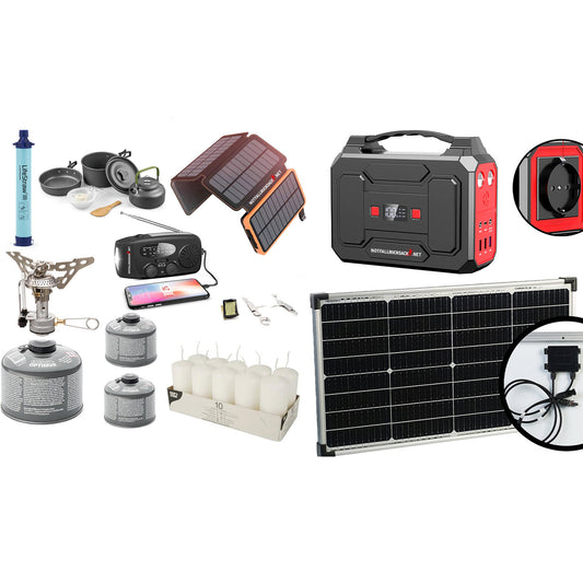 Power failure package Extreme Blackout kit - with mega power station, solar panel, gas cooker, cooking set, cutlery, solar power bank, water filter, candles and much more