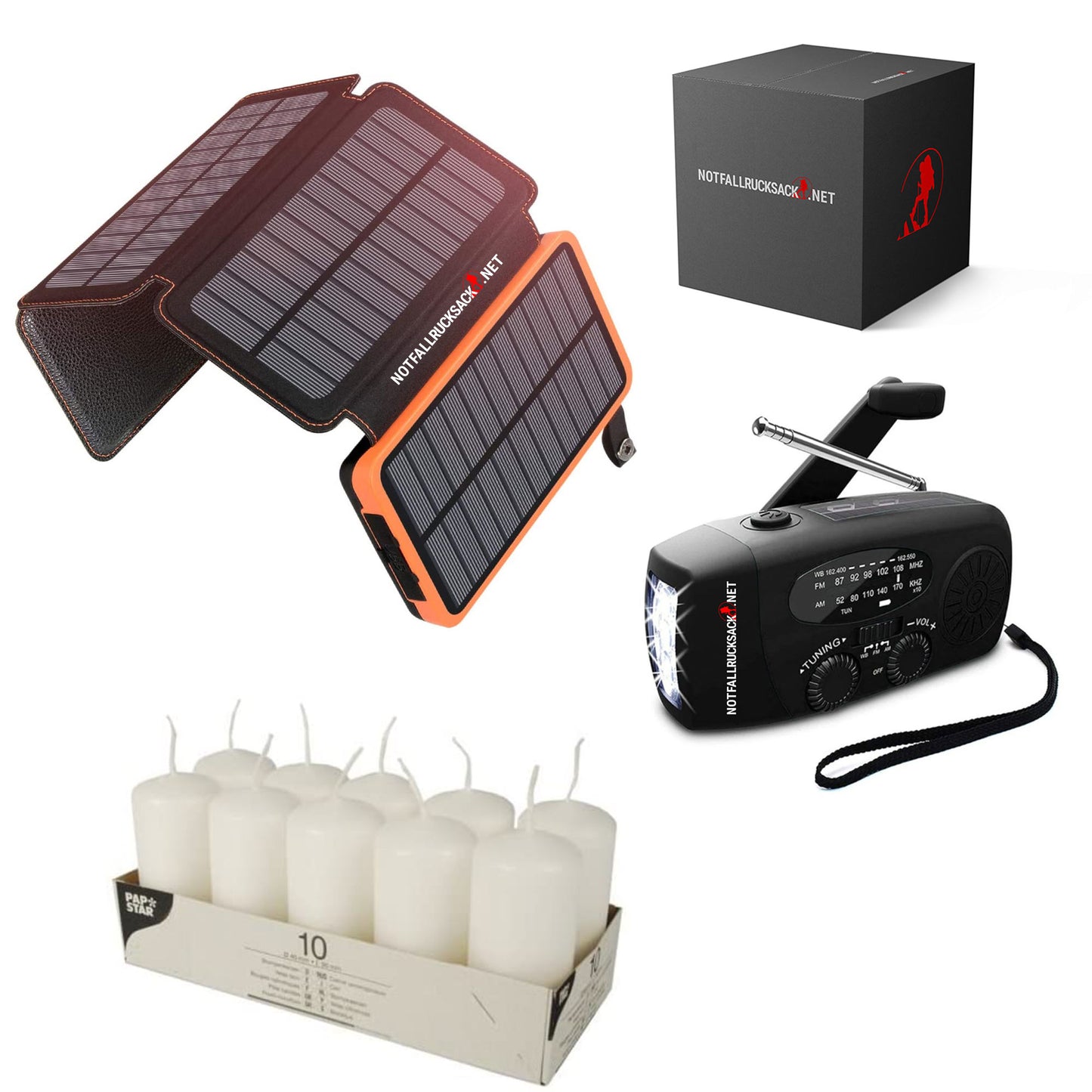 Stromausfall-Paket Medium Notfallstrom Kit mit 26800mah Solarpowerbank Kurbelradio und Kerzen