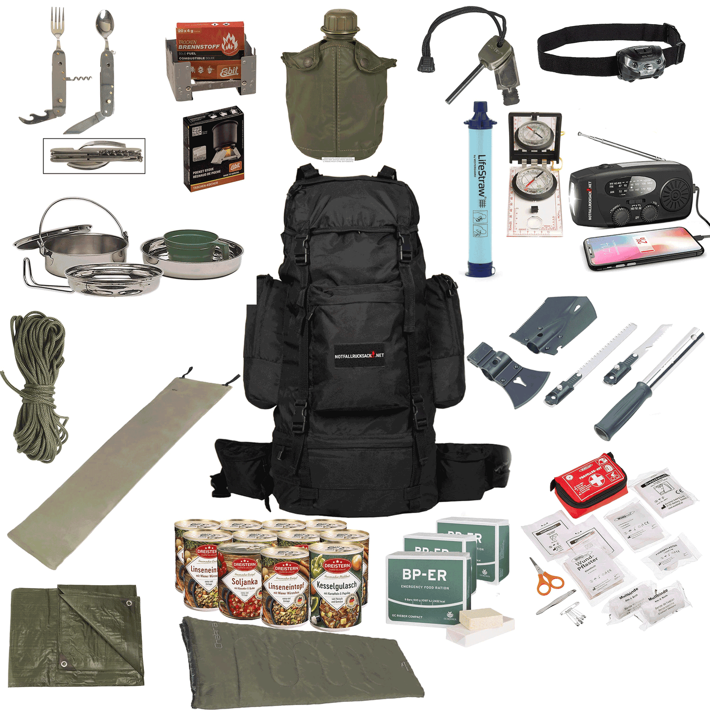 Emergency Backpack Premium - Complete Survival Kit with Solar Radio