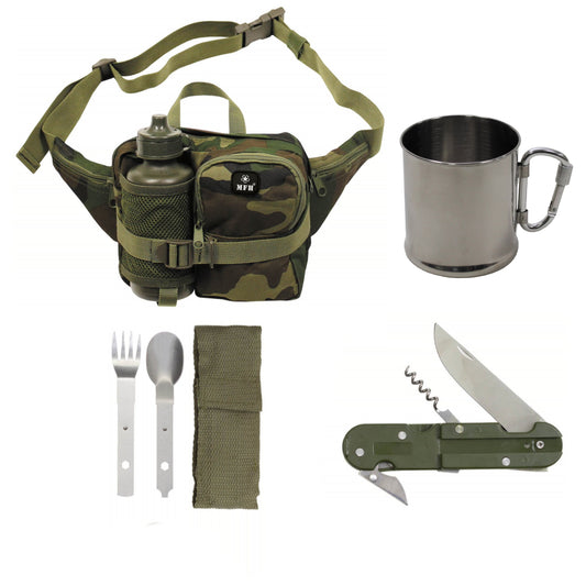 Hiking kit hip bag with drinking bottle 500ml with stainless steel cup and 3-piece cutlery with pocket knife